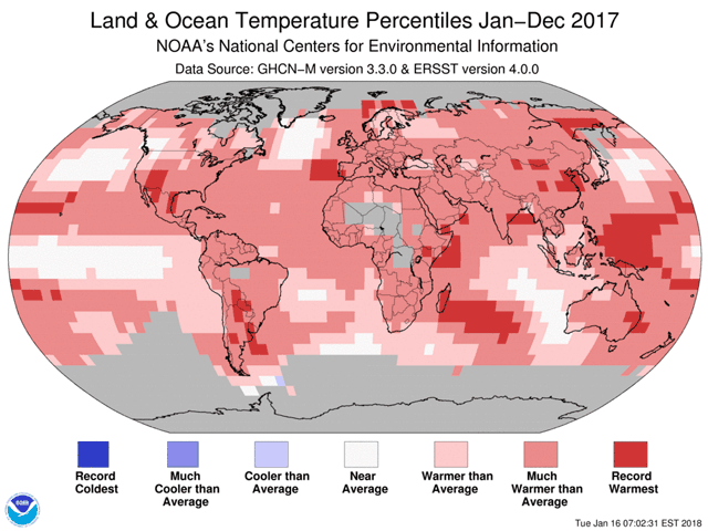 The average temperatures across the world land and ocean surfaces in 2017 was 1.5 degrees Fahrenheit above the 20th century average; third-highest behind 2016 and 2015. (NCEI graphic by Nick Scalise) 