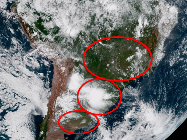 NOAA GOES-16 satellite imagery shows consistent rainfall in southern Brazil, while Argentina and central Brazil are drier. (NOAA satellite image)