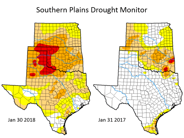 U.S. Drought Monitor side-by-side rendition shows much more intense and widespread drought compared with a year ago -- including Extreme Drought (bright red). (Drought Monitor graphic by Nick Scalise)