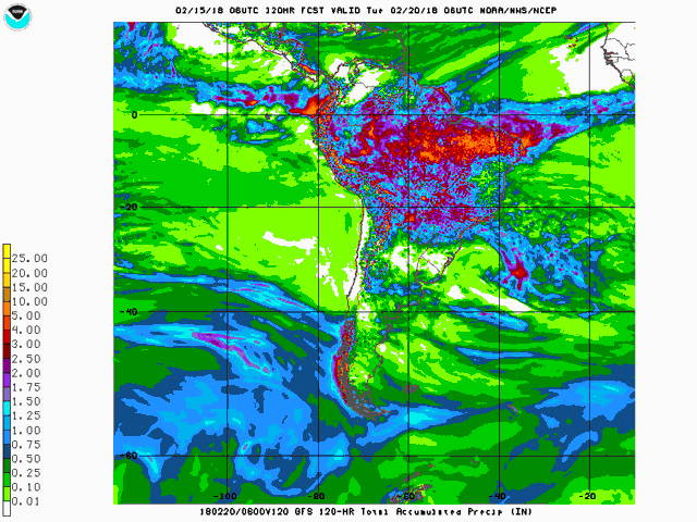 NOAA&#039;s five-day rain forecast shows minimal rain for Argentina, and limited rain for central and southern Brazil, but some rains still continue for northern Brazil. (Graphic courtesy of NOAA)