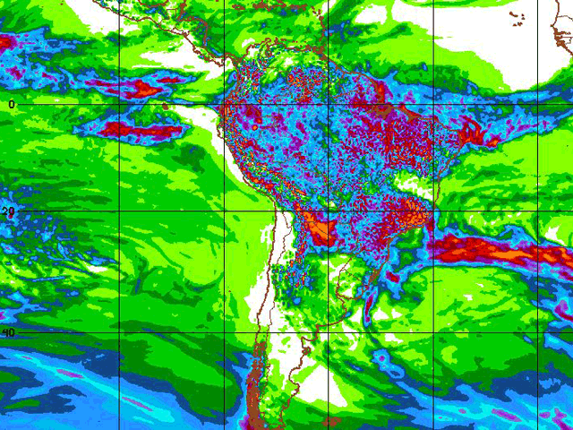 The five-day precipitation forecast shows a continued chance for showers in Brazil, but very little for Argentina&#039;s key crop areas. (NOAA/National Weather Service graphic)
