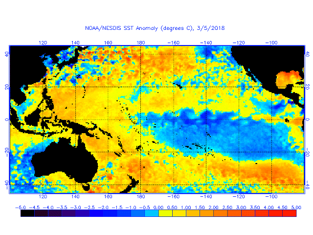Stubborn cooling in the central equatorial Pacific Ocean remains, with the resultant La Nina impact still noted. (NOAA/NESDIS graphic)