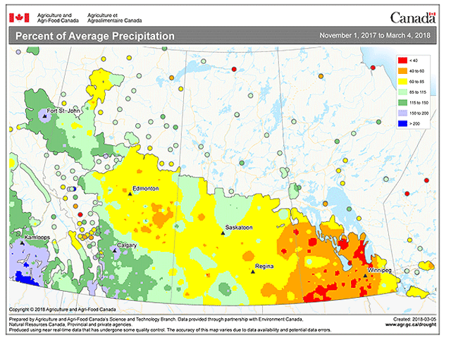 Most of the Canadian Prairies had much-below-normal precipitation during the December-January-February timeframe. (Agriculture and Agri-Food Canada graphic)