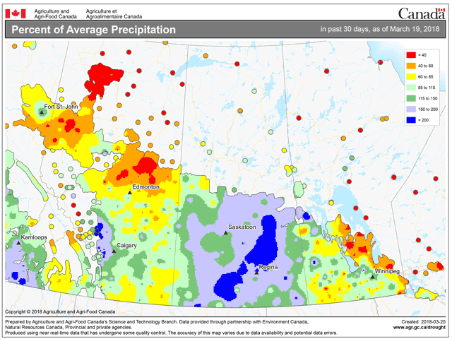 While much of the prairies remain dry, some of the driest areas of Saskatchewan have seen moisture this month. Over the past 30 days ending March 19, much of Saskatchewan has received from 115% (dark green) to over 200% (blue) of average precipitation for the period. (DTN graphic by AAFC)