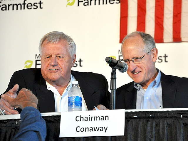 Rep. Collin Peterson, D-Minn., and Rep. Michael Conaway, R-Texas, at the Minnesota FarmFest farm bill forum last August. (photo by Chris Clayton) 