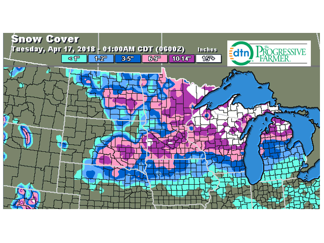 April 17 snow cover in major spring wheat-growing states of North and South Dakota and Minnesota of 2 to 4 inches has stymied spring wheat planting efforts. (DTN graphic)