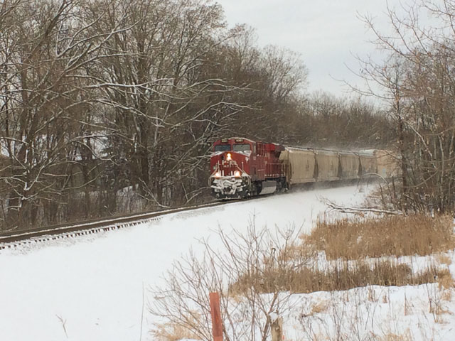 A CP train runs through the western portion of the Twin Cities in Minnesota. The railroad had issued a strike notice for April 21, due to a stall in talks with the unions. (Photo by Mary Kennedy)