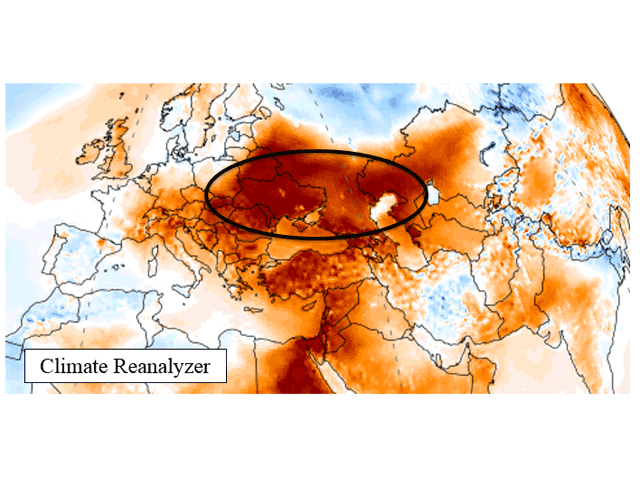 Black Sea region temperatures this week have been reaching into the mid-80s Fahrenheit -- 20 degrees F ABOVE normal. (Climate Change Institute graphic)