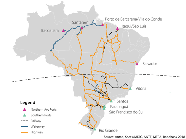 The share of corn and soybean exports from Brazil&#039;s northern ports grew from 15% in 2010 to 27% in 2017, and a Rabobank analyst says there&#039;s plenty of room to expand. (Map courtesy of Rabobank)