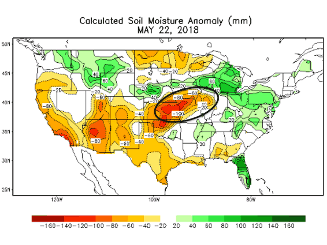 Not just the Plains, but also the western and central Midwest soils have deficits of 1 to 4 inches of rain just ahead of summer. (NOAA graphic)