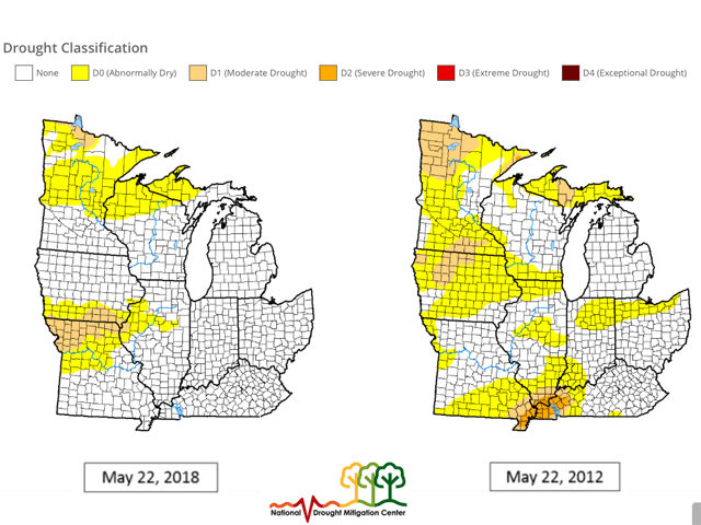 A look at Midwest Drought Monitor presentations for late May in 2018 and 2012 shows a more favorable overall situation now than six years ago. (NOAA graphic)