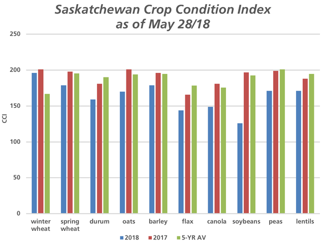 Saskatchewan Agriculture&#039;s first crop condition estimates show a slow start, as of May 28, although improvement may be noted since the report release. The crop condition index for the 2018 winter wheat crop (blue bar) rivals 2017 (red bar) and exceeds the five-year average (green bar), while all other crops selected are trailing the index reported for the same period last year as well as the five-year average. (DTN graphic by Cliff Jamieson)