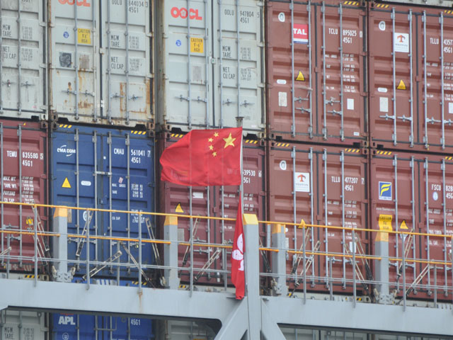 A Chinese flag on a cargo ship at the Port of Long Beach, Calif., earlier this year. 