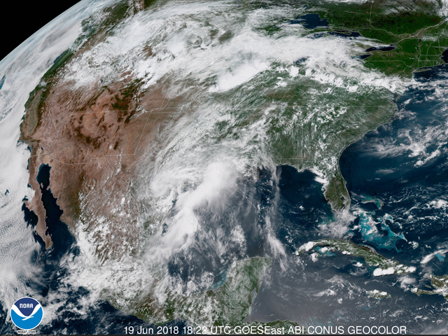 GOES-16 satellite imagery, with clouds and showers over much of the central U.S., is likely to remain a primary weather feature over the next week. (NOAA image)