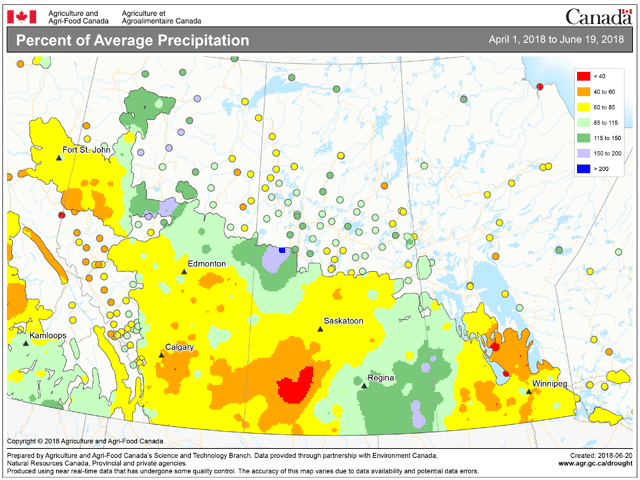 Growing-season rainfall remains well-below normal in large portions of the Canadian Prairies. (AAFC graphic)