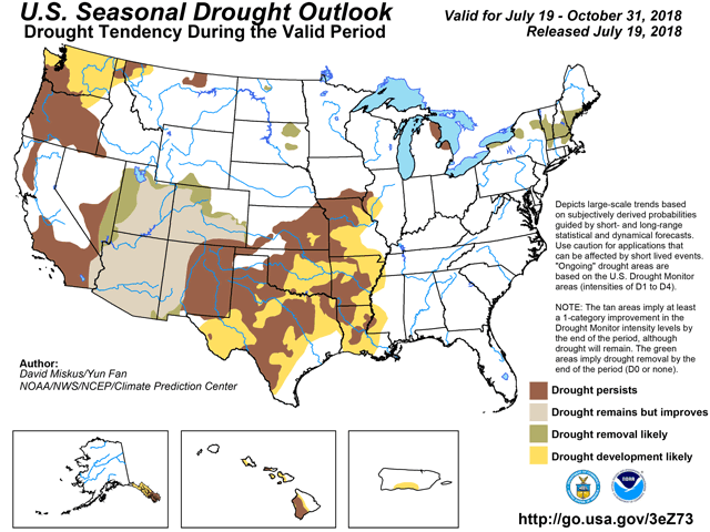 NOAA forecasters look for drought expansion through most of the Southern Plains and the Delta. (NOAA Climate Prediction Center graphic)