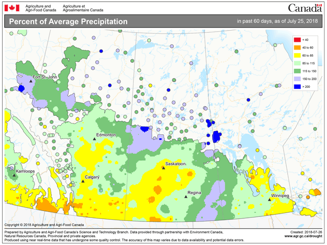 Rainfall has varied the past 60 days on the Canadian Prairies, but some areas have received significantly below-normal rainfall. (Agriculture and Agri-Food Canada graphic)