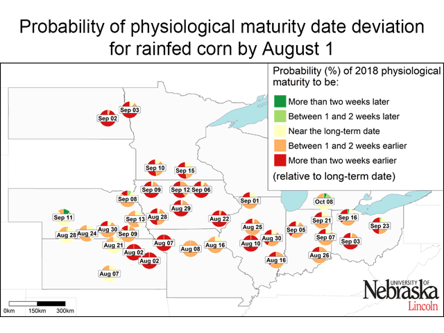 Many University of Nebraska-Lincoln Cropwatch non-irrigated test sites for corn indicate maturity more than two weeks earlier than average in 2018. (UNL graphic)