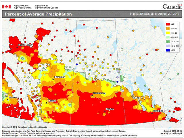 Large portions of the Canadian Prairies crop areas have had less than 40% of normal precipitation during the past 30 days. (AAFC graphic)