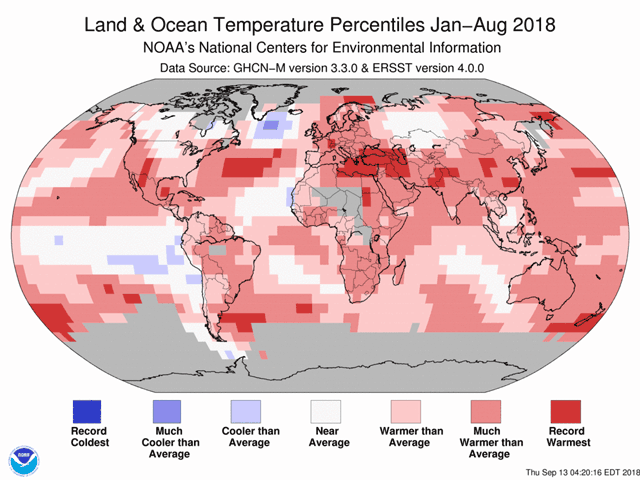 Global January through August temperatures were the fourth-highest in the 139-year record. The last four years are among the four warmest such periods on record. (NOAA graphic)