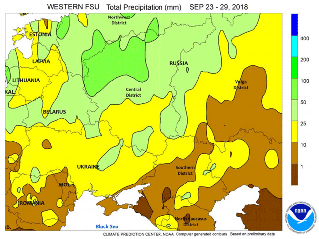 Late-September rain brought some easing of dry conditions in Russia&#039;s wheat areas. (USDA-NOAA graphic) 