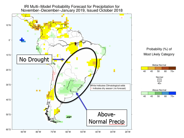 Near-normal rainfall is featured for most of Brazil in the latest International Climate Research Institute (IRI) forecast, with southern Brazil and Argentina likely to have above-normal moisture. (IRI graphic)