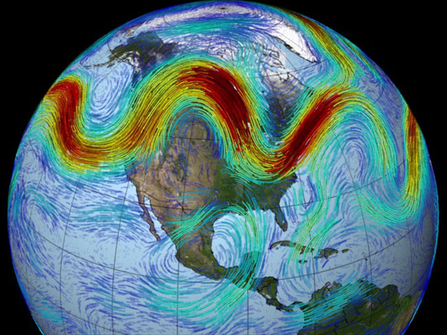 The speed and waviness of the Northern Hemisphere jet stream is affected by the temperature difference between the Arctic and the mid-latitudes. (NASA graphic)