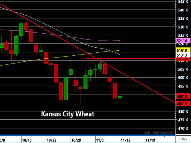 Kansas City wheat remains firmly inside its present downtrend with momentum indicators suggesting a new round of lows below $4.84 is possible. A recovery above $5.10 is needed to argue the downtrend is over. (DTN ProphetX chart)