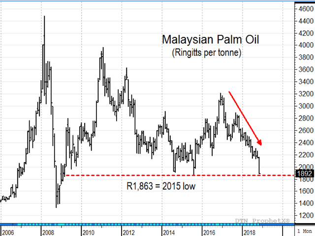 Nearly two years ago, Malaysian palm oil prices hit a high of 3,218 ringgits per metric ton, but it has been all downhill since then with USDA expecting a 4% increase in palm oil production and ending stocks in 2018-19. (DTN ProphetX chart)