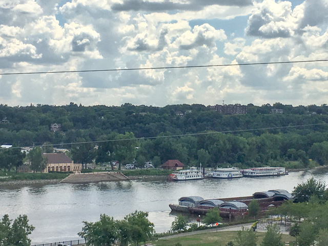 Empty barges parked alongside of the Mississippi River in downtown St. Paul, Minnesota, late summer. (DTN photo by Mary Kennedy)