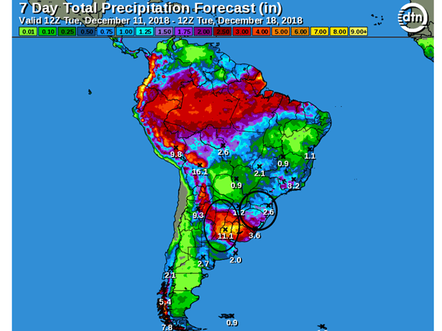 Primary southern Brazil and Argentina crop areas have moderate to heavy rain returning to the scene over the next week. (DTN graphic)