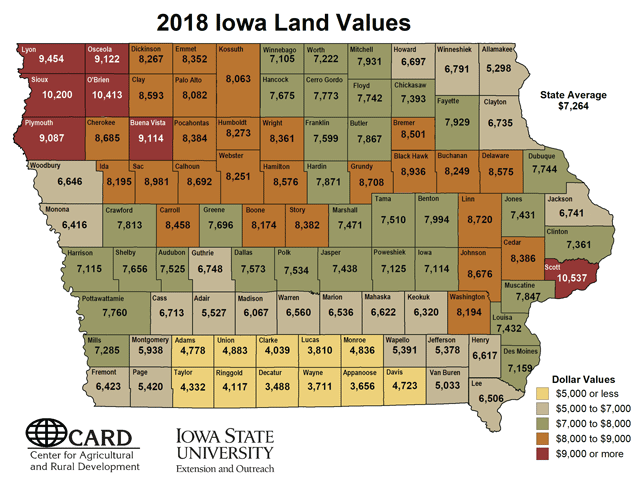 Only three Iowa counties have land values that top $10,000 per acre: Sioux, O&#039;Brien and Scott counties. (Map courtesy of Iowa State University&#039;s Center for Agriculture and Rural Development)