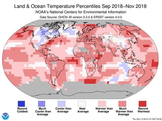 North America is a cool exception in an above-average-temperature world during September-through-November 2018. (NOAA graphic)