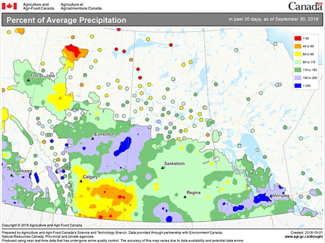 This chart highlights the heavy rains scattered across the Prairies during September, which led to significant harvest delays. (Graphic by Agriculture and Agri-Food Canada)
