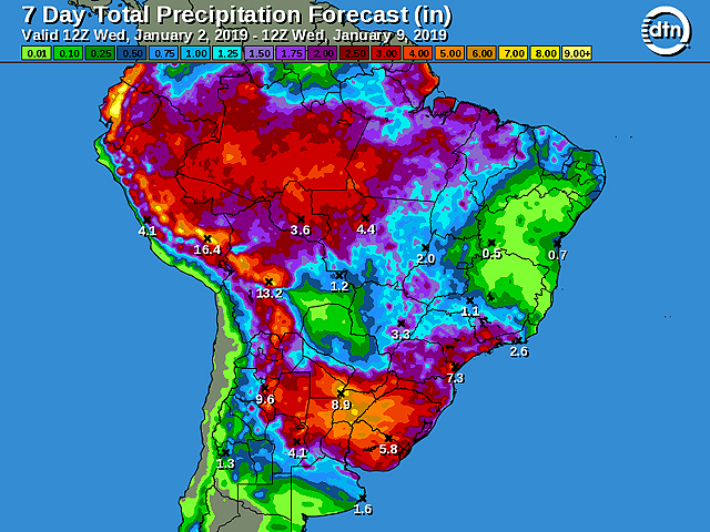 The South America seven-day total precipitation forecast shows calls for some moderate-to-heavy showers and thunderstorms from late this week through early next week accompanied by cooler conditions in Brazil. (DTN graphic)