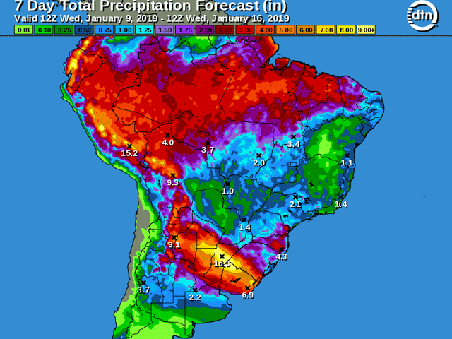 The seven-day total precipitation forecast expects just a few light showers, with locally heavier amounts, during the next seven to 10 days in Brazil. (DTN graphic)