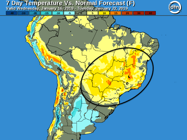 Most of the major Brazil soybean areas have high temperature averages forecast from 10 to 15 degrees Fahrenheit above normal during the next week. (DTN graphic)