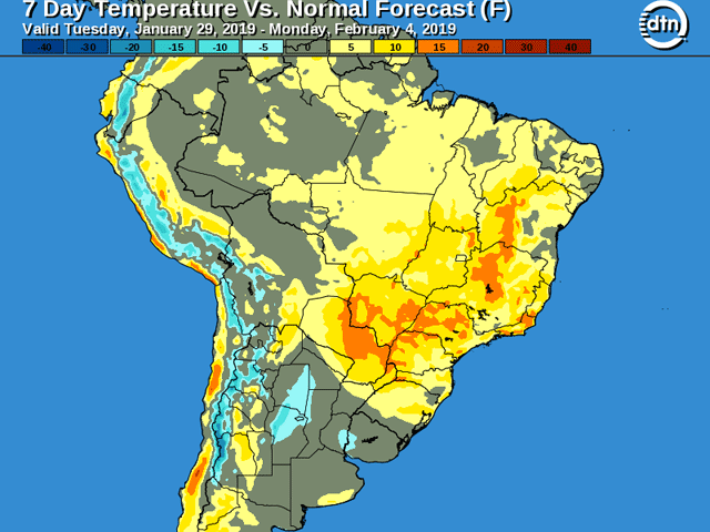 Large portions of Brazil&#039;s soybean areas have high temperatures forecast as much as 15 degrees Fahrenheit above normal during the next week. (DTN graphic)