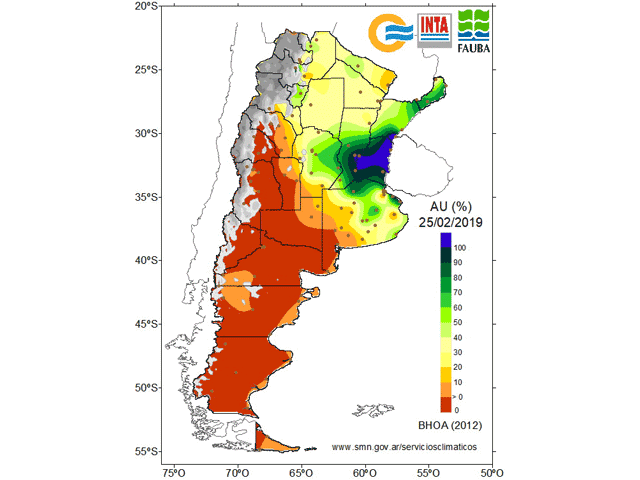Most crop areas of Argentina have either adequate or surplus soil moisture going into the last of February. (Argentinal National Meteorological Center graphic)