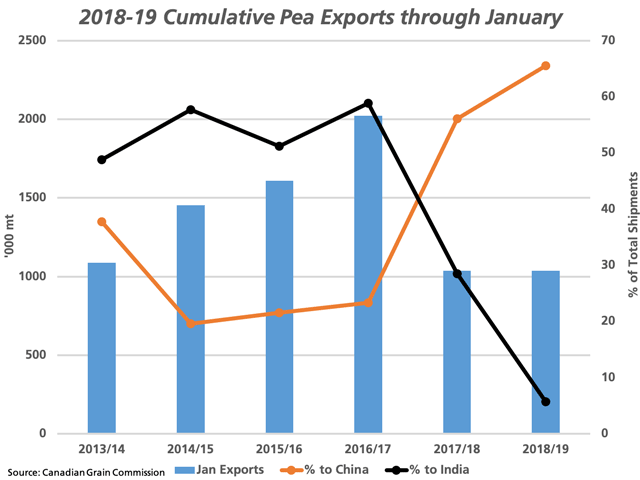 The blue bars represent cumulative licensed exports of dry peas through January, or the first six months of the crop year, with 2018-19 volumes almost equal to the same period in 2017-18. The orange line represents the percent of total exports shipped to China, measured against the secondary vertical axis, up for the fourth straight year and offsetting declining volumes shipped to India (black line). (DTN graphic by Cliff Jamieson)