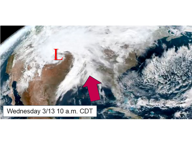 Low pressure in western Kansas on March 13 had hurricane-like intensity. Large amounts of Gulf of Mexico moisture added either rain or snow to violent winds. (NOAA image from Satellite Videos)
