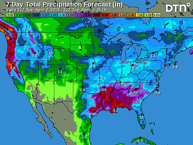The seven-day total precipitation forecast shows the active weather pattern in the Midwest and southern U.S. regions, with a drier pattern in the northwest part of the western Midwest and also for the Northern Plains. (DTN graphic)