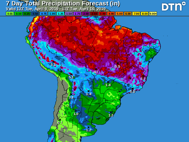 The seven-day precipitation forecast shows continued moisture to assist central Brazil&#039;s second-crop corn. (DTN graphic)
