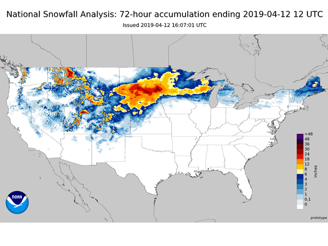 NOAA&#039;s snowfall analysis of 72-hour accumulation, ending 6 a.m. CDT on April 12, already showed several South Dakota locations at over 2 feet of snow, with snow still coming down Friday. (NOAA graphic)