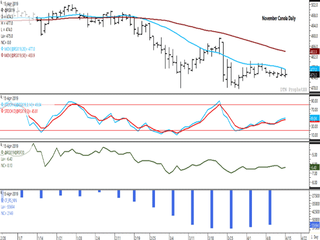 November canola closed unchanged on Monday. Monday&#039;s high failed at the contract&#039;s 20-day moving average for the fifth time this month, while holding within a narrow $11.40/mt range over more than three weeks. The line on the second study shows the Nov/Jan spread at minus $6.40/mt, still viewed as a neutral view of fundamentals. The lower study shows the noncommercial net-short position remaining close to the largest on record. (DTN ProphetX chart)