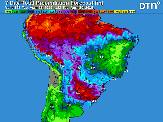 The seven-day total precipitation forecast continues to show a pattern of favorable moisture is maintained for development of second-crop corn in Brazil (DTN graphic)