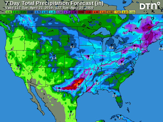 Current indications are the weather pattern for the Midwest could turn wetter over the weekend and next week. (DTN graphic)