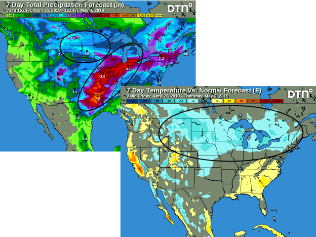 DTN forecast graphics for the end of April through the first of May have wet and cold conditions dominant over the central U.S. (DTN graphics)