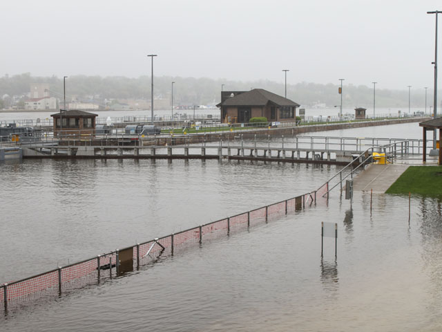 Flooding at Lock 15 on the Mississippi River located between Rock Island, Illinois, and Davenport, Iowa, has caused the USACE to close the lock until at least May 8, or when the river recedes. (Photo by U.S. Army Corps of Engineers Rock Island District)