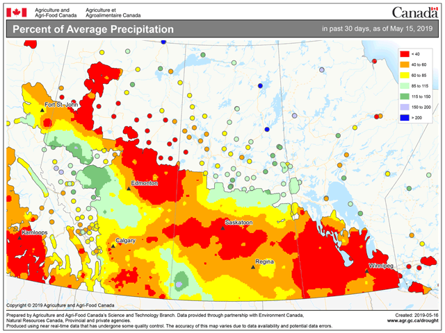 Most of the Canadian Prairies have received no more than half the normal precipitation during the past 30 days. (Agriculture and Agri-Food Canada graphic)